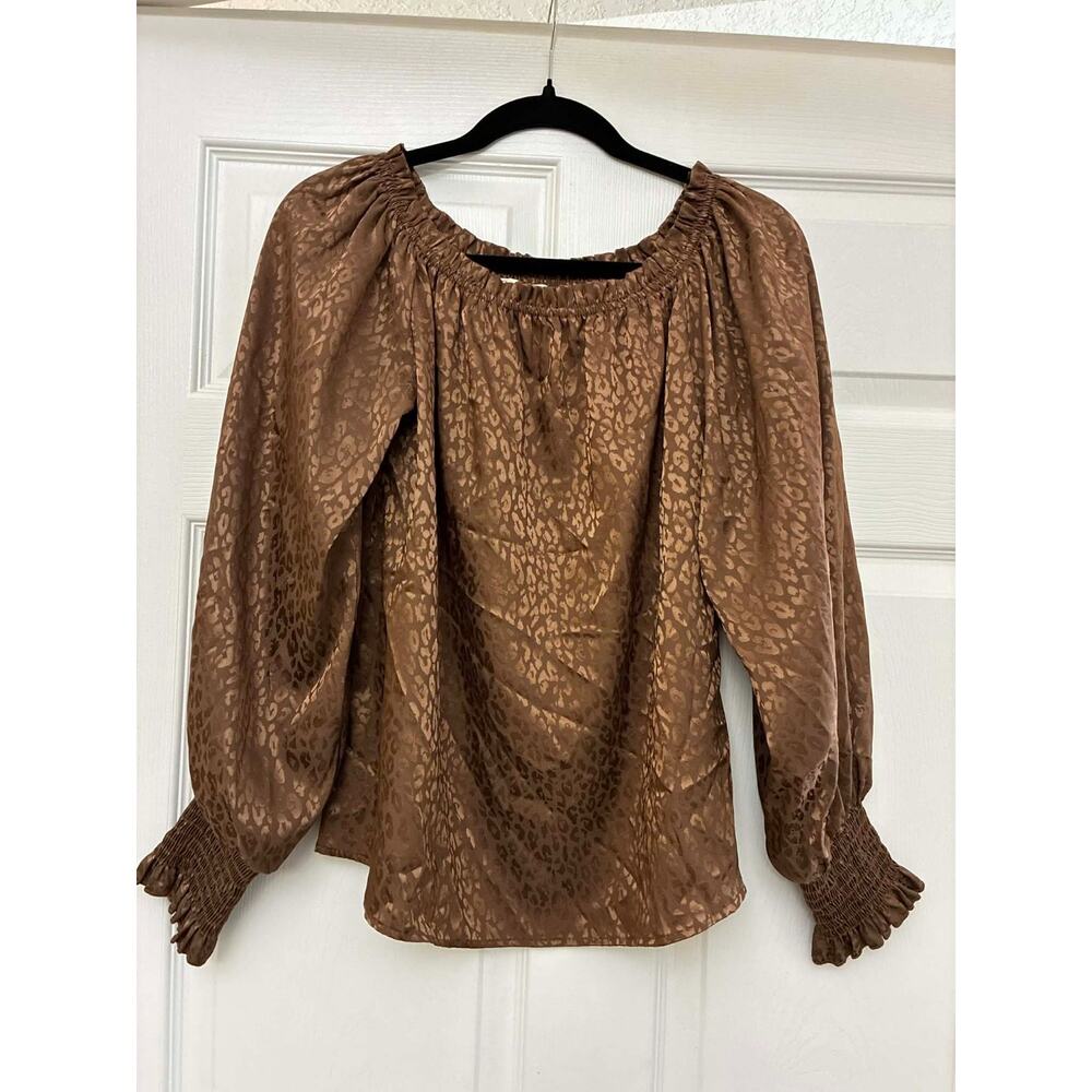 Vine & Love S Leopard Print Satin Peasant Blouse Smocked‎ Cuff
